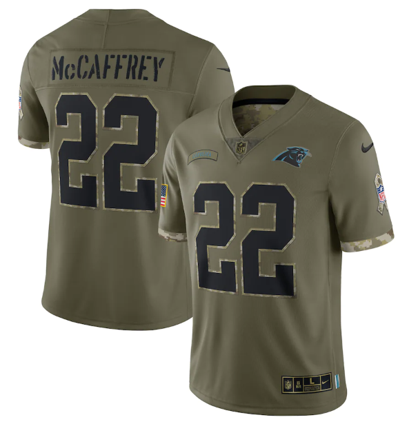 Men's Carolina Panthers #22 Christian McCaffrey Olive 2022 Salute To Service Limited Stitched Jersey Men's Carolina Panthers #22 Christian McCaffrey Olive 2022 Salute To Service Limited Stitched Jersey